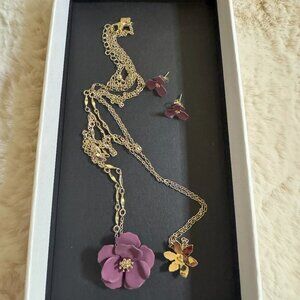 Set of Violet Floral 2-Layer Necklace and Stud Earrings